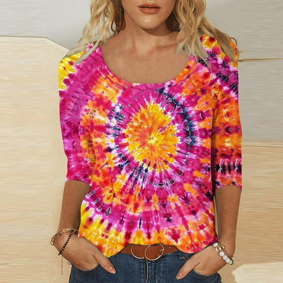 Odbmxy Women T Shirts 3/4 Sleeve Fall Plus Size Tops Women Business Tie-Dye Casual Layering Loose Dressy Tops,M