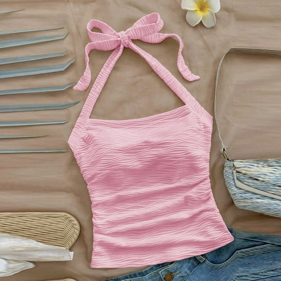 Odbmxy Women Tank Tops Crop Sleeveless Halter Plus Size Womens Tops Leisure Beach Slim Lace up Solid Color Tops,Pink L