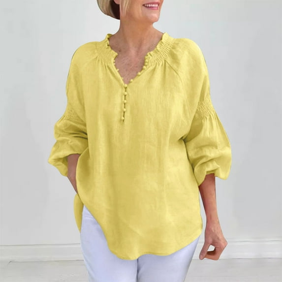 Odbmxy Women's Blouse 3/4 Sleeve Cotton Linen Ladies Plus Size Tops Casual Soft Loose Breathable Beach Solid Color Tops,Yellow XL