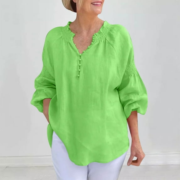 Odbmxy Women's Blouses Cotton Linen 3/4 Sleeve Tops for Women Trendy Casual Breathable Loose Soft Beach Solid Color Tops,Green M
