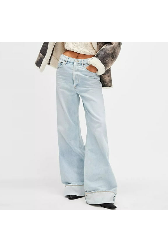 Women's Jeans Full Length Wide-Leg Low Rise Plus Size Pants for Women Denim Loose Cuffed Pockets Zipper Jeans,Blue M