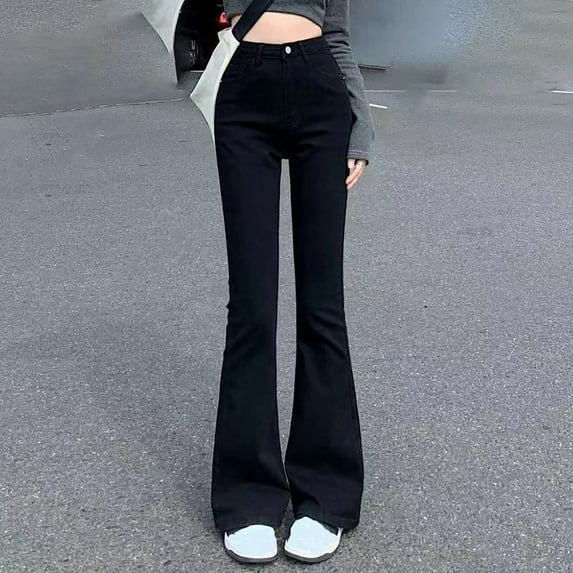 Odbmxy Women's Jeans High Rise Full Length Bootcut Womens Pants Plus Pockets Button Zipper Denim Slim Plain Jeans,Black XXL