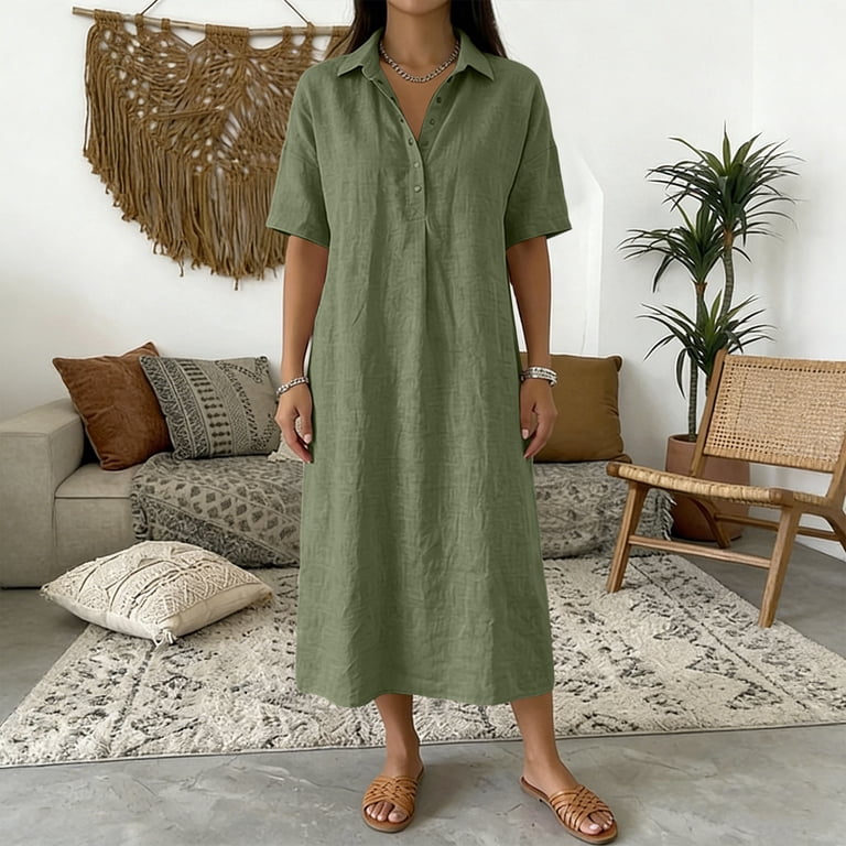 Odbmxy Shift Women's Midi Length Dresses Short Sleeve Cotton Summer Shirt Dress Collared Modest Casual Dresses for Women