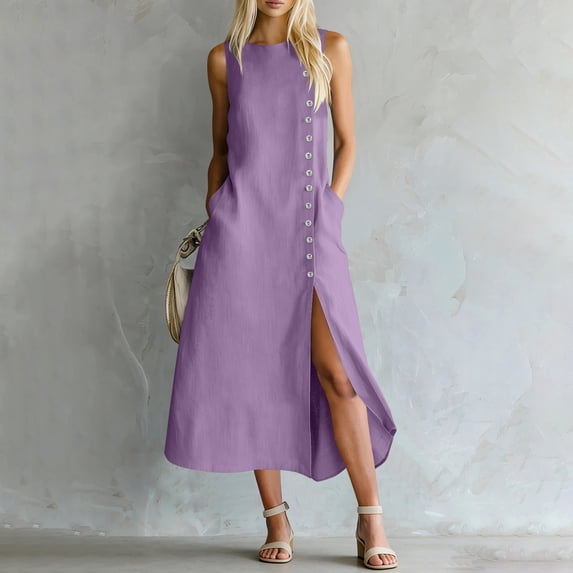 Odbmxy Women's Midi Length Dresses Cotton Linen Shift Summer Sleeveless Womens Shirt Dresses Button Front Classy Office