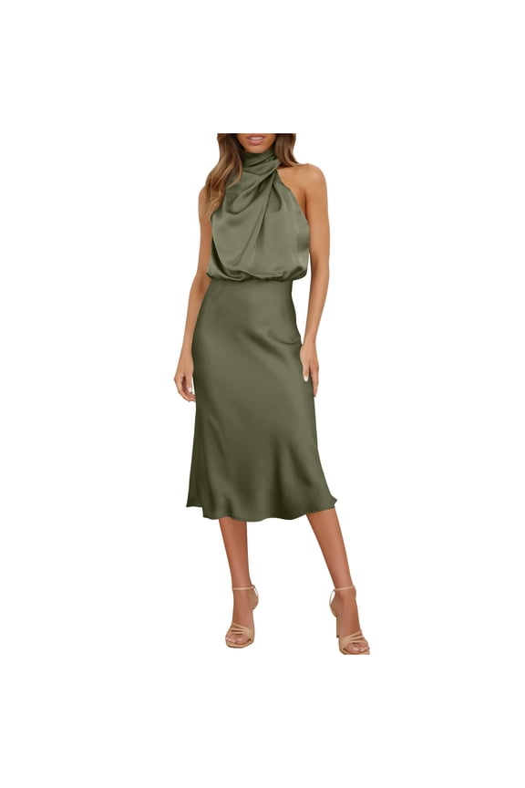 Women's Midi Length Dresses Halter Evening Gown Sleeveless Dresses for Women Plus Size Holiday Slim Satin Green Tunic Dress
