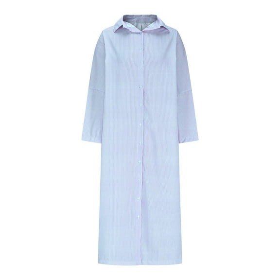 Odbmxy Women's Midi Length Dresses Oversized Shirt Dress Long Sleeve Women's Dresses Button Lapel Striped Camping Dresses,Blue L