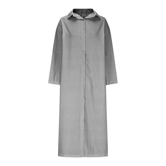 Odbmxy Women's Midi Length Dresses Oversized Shirt Dress Long Sleeve Womens Dresses Lapel Striped Button Camping Dresses,Black L