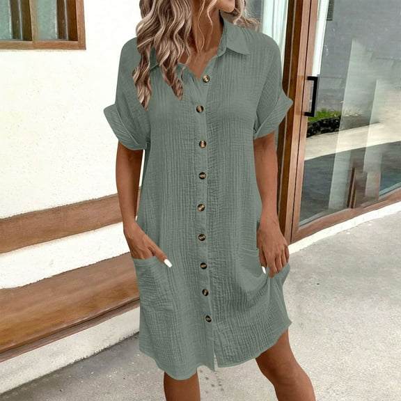 Odbmxy Women's Mini Dress Shirt Dress Cotton Short Sleeve Womens Dresses Plus Size Solid Color Loose Button Dresses,Green L