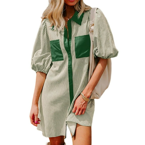 Odbmxy Women's Mini Dress Short Sleeve Shirt Dress Womens Plus Size Dresses Pockets Button Holiday Loose Striped Dresses,Green S
