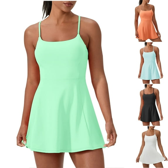 Odbmxy Women's Mini Dress Sleeveless Womens Sundresses Workout Regular Tennis Solid Color Padded Dresses,Green M