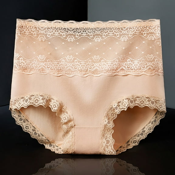 Odbmxy Women's Plus Size Panties Cotton Lace Seamless Womens Briefs Plus Size High Waist Solid Color Beige Panties