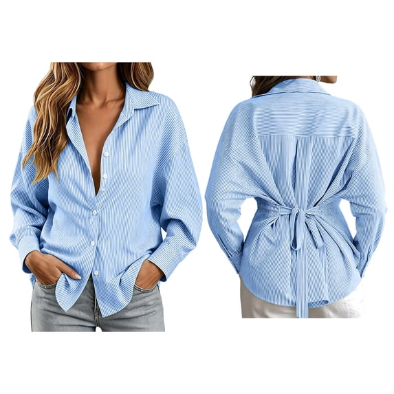 Odbmxy Women's Shirts Fall Long Sleeve Collared Striped Regular Women Blouse Vacation Tie Back Button Down Casual