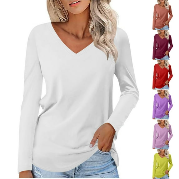 Odbmxy Women's T Shirts Long Sleeve Spring Plus Size Tops for Women Basic Casual Comfy Relaxed Fit Plain Layering Tops,White L