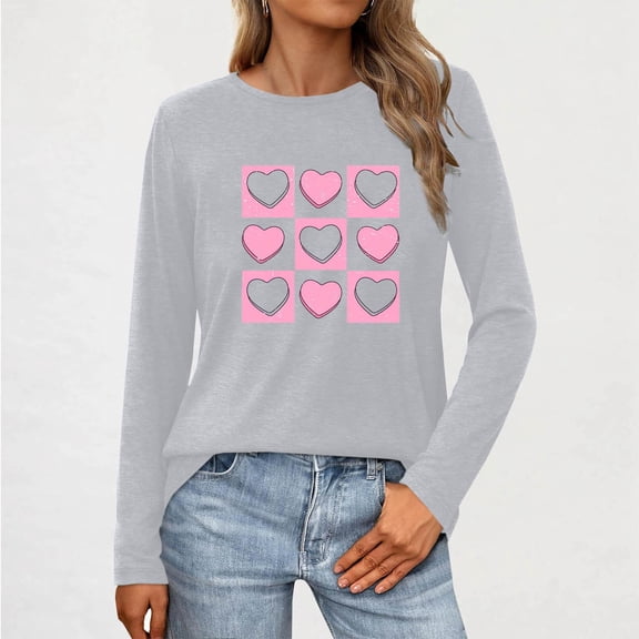 Odbmxy Women's T Shirts Long Sleeve Valentines Day Women's Plus Size Tops Vacation Tunic Casual Heart-shaped Regular Tops Gray