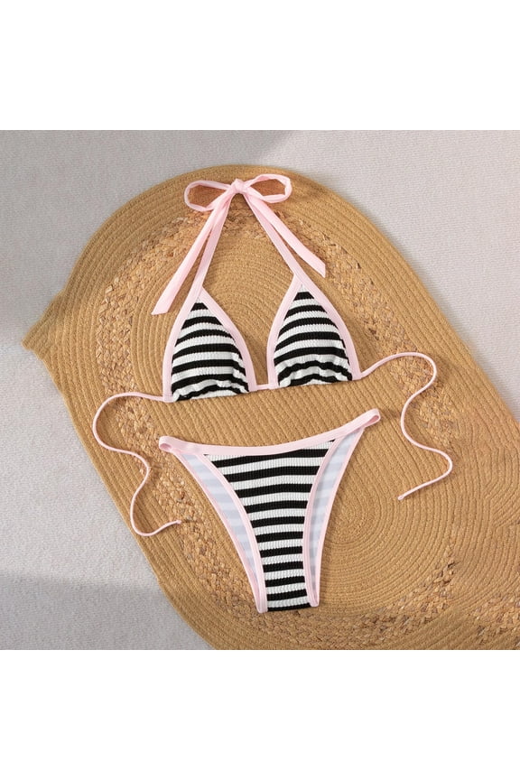 Womens Bathing Suits 2 Piece Halter Triangle Woman Swimsuit High Cut Striped Bikini Beach Swimwear,Pink S