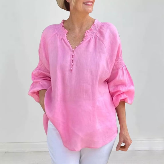Odbmxy Womens Blouses Cotton Linen 3/4 Sleeve Tops Women Breathable Loose Beach Soft Casual Solid Color Tops,Pink M