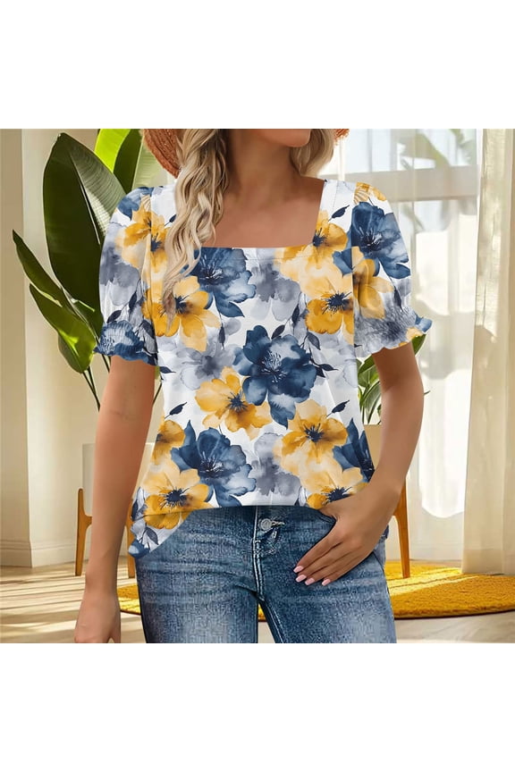 Womens Blouses Square Neckline Summer Short Sleeve Womens Tee Shirts Fancy Holiday Puff Sleeve Floral Blue Slim Tops