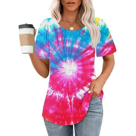 Odbmxy Womens Blouses Summer Short Sleeve Tops for Women Classic Fit Tie-Dye Everyday Pullover Casual Dressy Tops,XXL