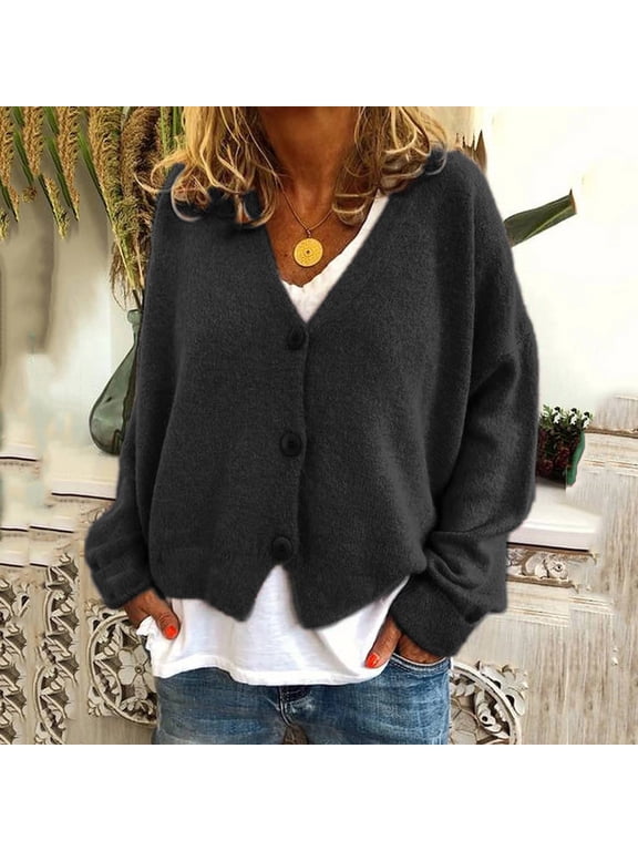 Womens Cardigan Black Knit Long Sleeve Sweater Casual Button Loose Solid Cardigans