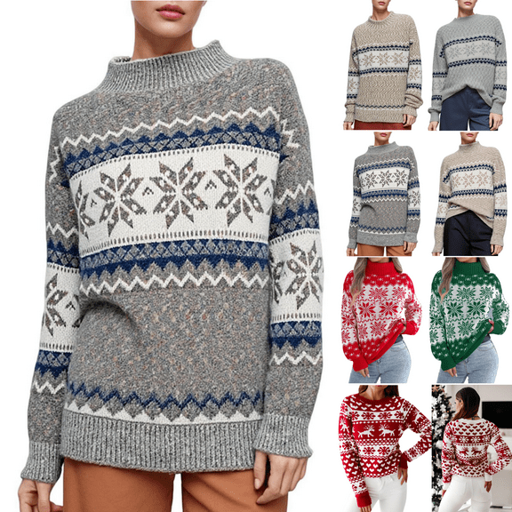 Odbmxy Womens Christmas Sweaters Plus Sizes Long Sleeve Sweater for Women Turtleneck Knit Holiday Loose Gray Sweaters