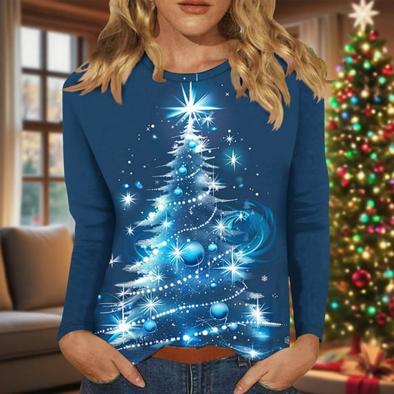 Odbmxy Womens Christmas Tops Long Sleeve Graphic Womens T Shirts Blue Party Regular Funny Leisure Tops