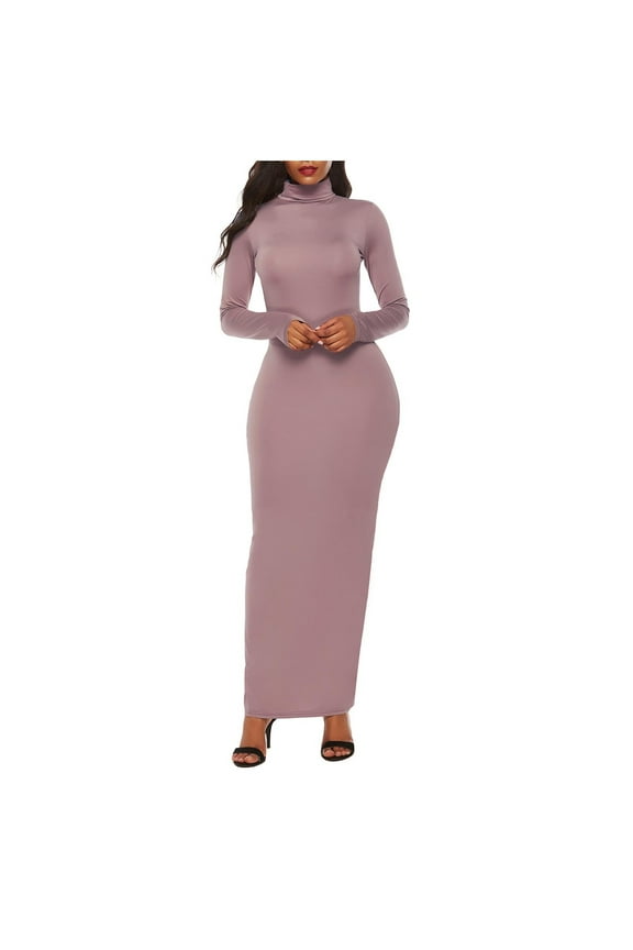 Womens Dresses Maxi Bodycon Long Sleeve Cocktail Dress Women Fancy Slim High Neck Plain Party Dresses,Pink XXL