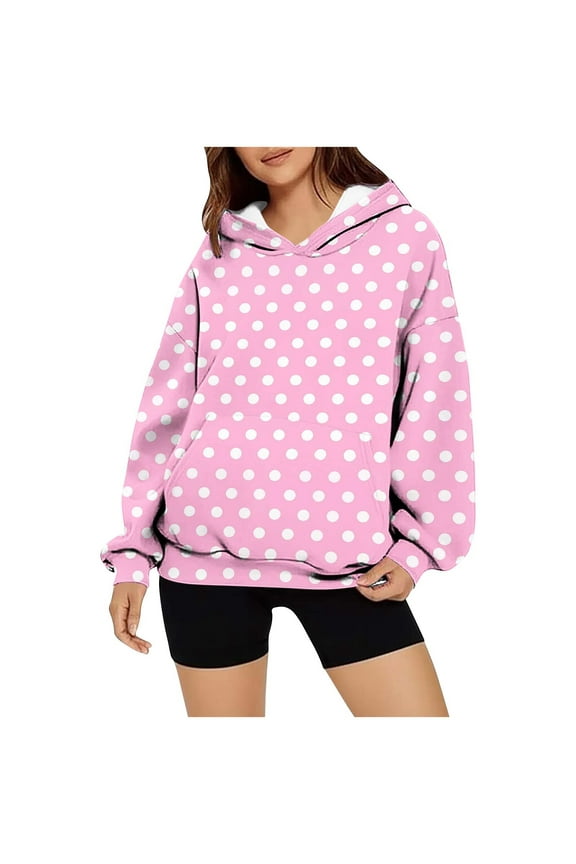 Womens Hoodie Pink Long Sleeve Women's Tops Holiday Oversized Pullover with Pocket Polka Dots Sweatshirts,XL