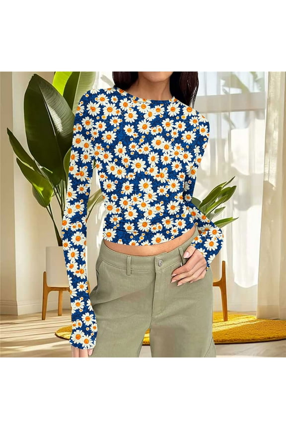 Womens Long Sleeve T Shirt Fall Undershirt for Women Casual Tight Floral Layering Cute Stretch Tops,Blue S
