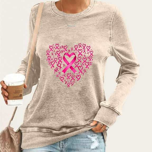 Odbmxy Womens Long Sleeve T Shirts Breast Cancer Cotton Women Tops Pullover Loose Graphic Holiday Casual Tops,Beige L