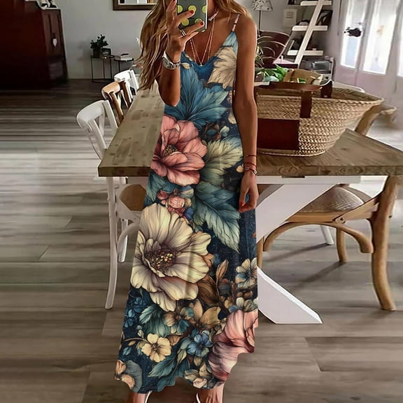 Odbmxy Womens Maxi Dress Camisole V-Neck Womens Sun Dresses Sleeveless Floral Vacation Fancy Dresses,Beige S