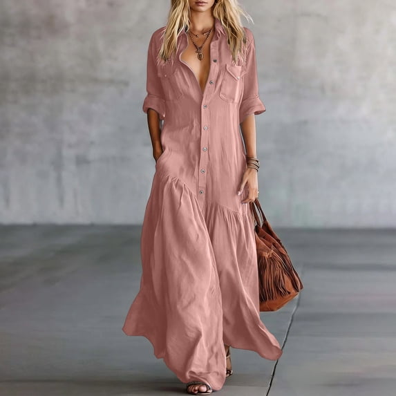 Odbmxy Womens Maxi Dress Collared Fall 3/4 Sleeve Tunic Women Shirt Dress Shift Button Regular Solid Color with Pockets