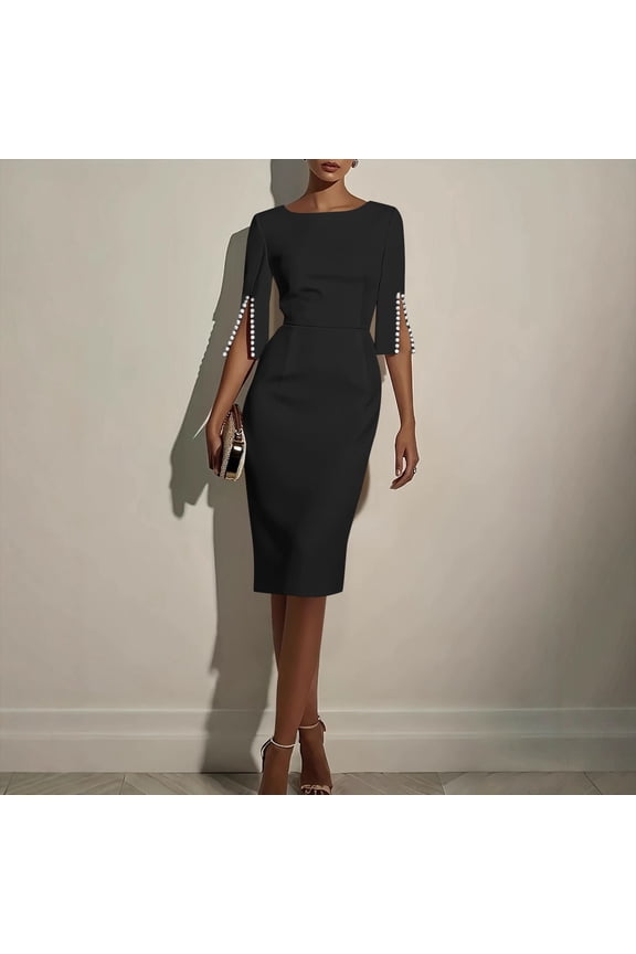 Womens Midi Dress 3/4 Sleeve Wrap Women's Plus Dress Party Slim Tunic Plain Dressy Dresses,Black L