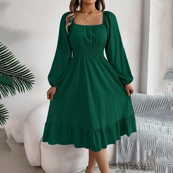 Odbmxy Womens Midi Dress Long Sleeve A-Line Womens Dresses Regular Fairy Solid Color Peplum Tunic Dresses,Green XL