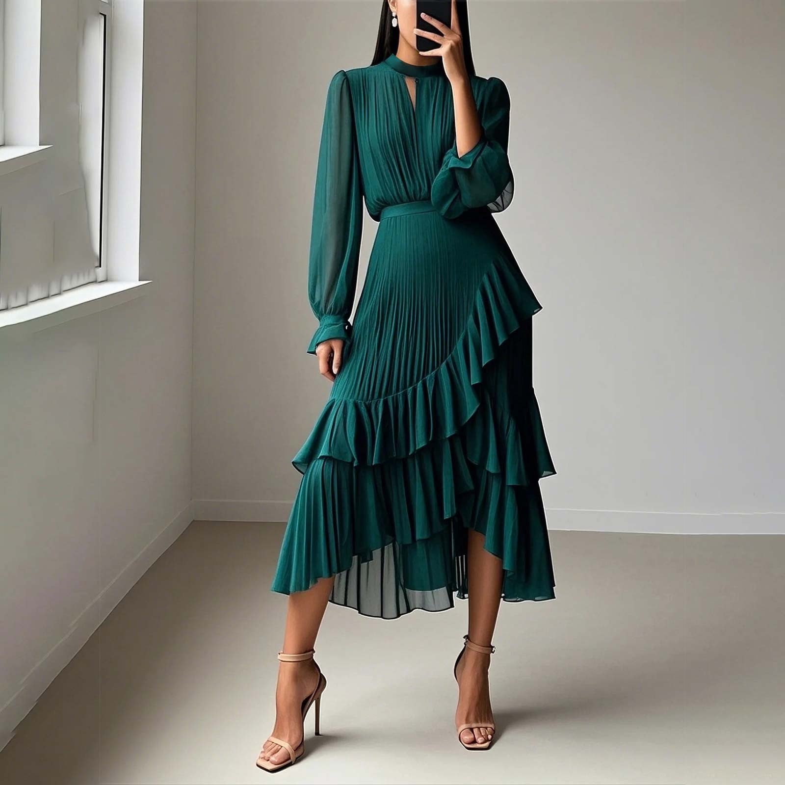 Odbmxy Womens Midi Dress Long Sleeve Evening Gown Dress for Women Slim Puff Sleeve  Peplum Tunic Solid Dresses,Green M - Walmart Business Supplies