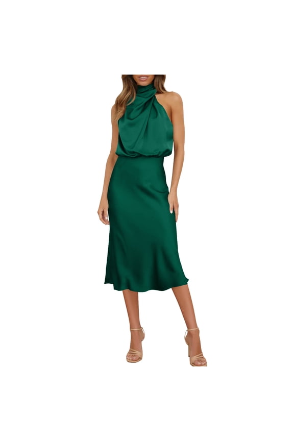 Womens Midi Dresses Halter Sleeveless Evening Gown Plus Size Womens Dresses Green Fancy Slim Tunic Satin Holiday Dress