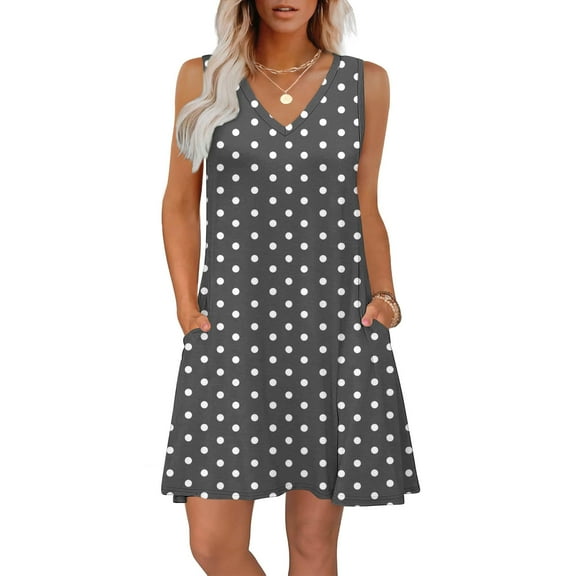 Odbmxy Womens Mini Dress Sleeveless V-Neck Womens Sundresses Loose Polka Dots Tank Holiday Pockets Dresses,Gray L