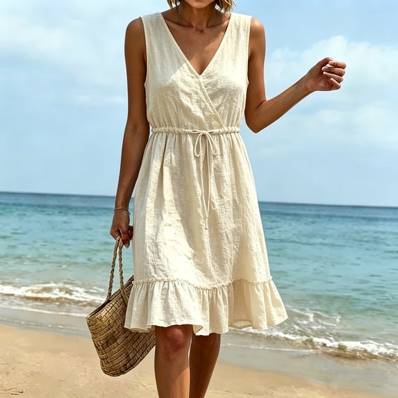 Odbmxy Womens Mini Dress V-Neck Cotton Summer Ruffled Sleeveless Tank Sundresses for Women Knee Length Beach