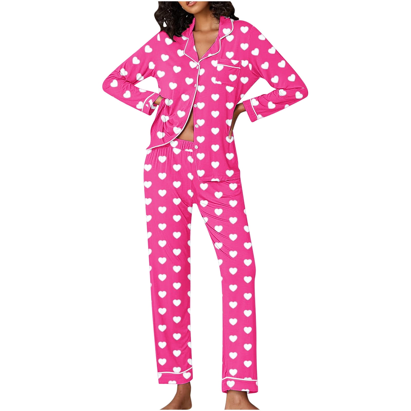 Anna-Kaci Women's Pink Heart Print Pajama Set with Button-Up Long Sleeve Top and Relaxed Fit Pants