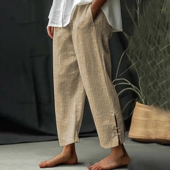 Odbmxy Womens Pants Cotton Linen Straight-Leg Long Women Trousers Plus Yellow Striped with Pockets Loose Holiday Pants,L