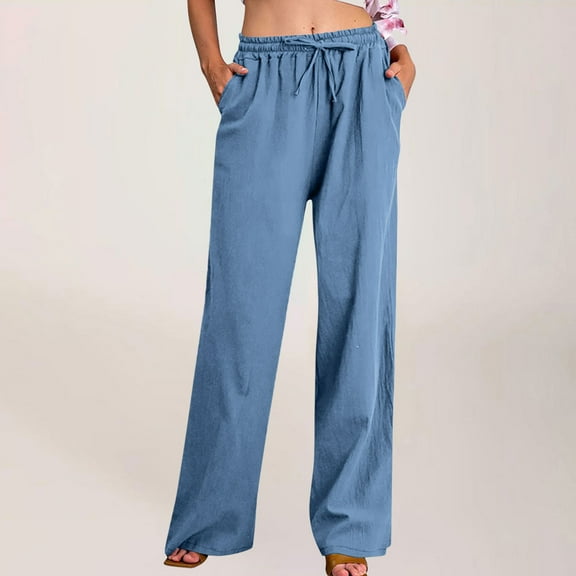 Odbmxy Womens Pants Plus Straight-Leg Cotton Linen Full Length Womens Trousers Palazzo with Pockets Blue Loose Casual Pants,S