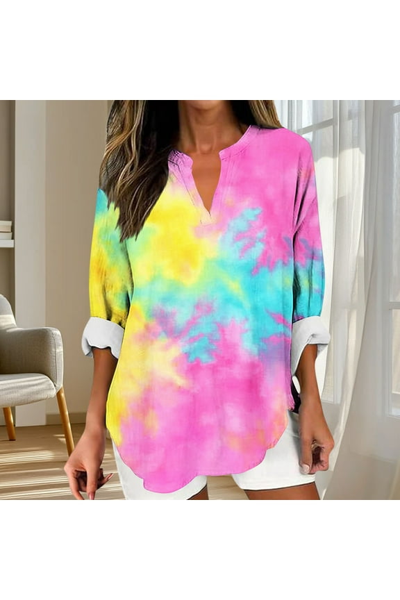 Womens Plus Size Long Sleeve Tops Cotton Plus Size Shirts for Women Casual Fancy Vacation Tie-Dye Comfy Loose Tops,Pink XL
