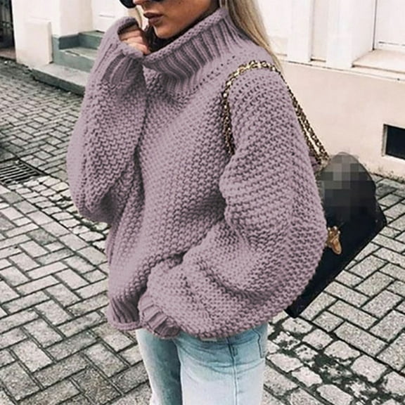 Odbmxy Womens Plus Size Sweaters Long Sleeve High Neck Fall Sweaters Women Solid Color Loose Knit Thick Purple Sweaters