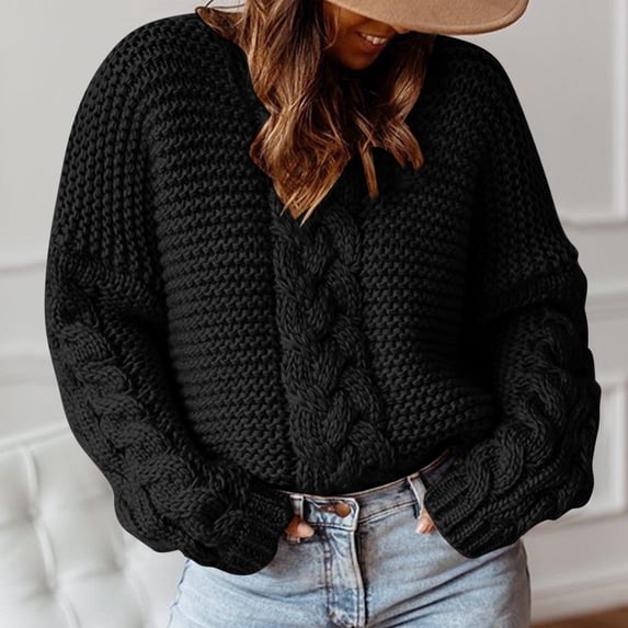 Odbmxy Womens Plus Size Sweaters Pullover Chunky Long Sleeve Women's Sweater Thickened Solid Knit Black Sweaters