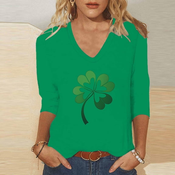 Odbmxy Womens Plus Size Tee Shirts 3/4 Sleeve V-Neck St. Patrick's Day Womens Shirts Graphic Loose Green Casual Retro Party Shirts