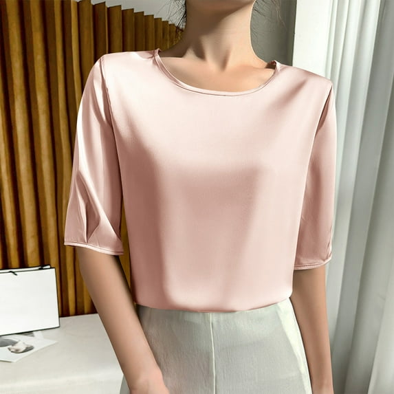 Odbmxy Womens Plus Size Tee Shirts Elbow-Length Cotton Cropped Womens Top Comfy Plain Loose Breathable Casual Tops,Pink XXL