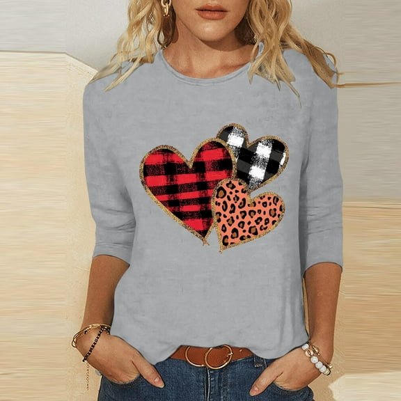 Odbmxy Womens Plus Tees 3/4 Sleeve Valentines Womens Tops Regular Festivals Workout Leisure Heart Graphic Tops Gray