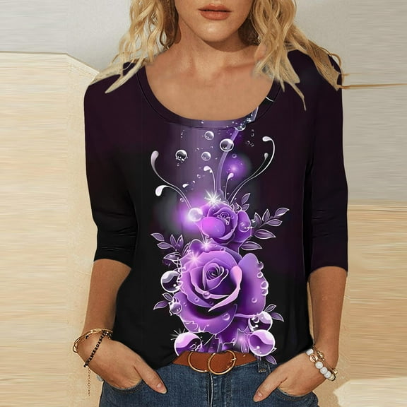 Odbmxy Womens Plus Tees Fall 3/4 Sleeve Shirts for Women Floral Bottoming Beach Casual Relaxed Fit Elegant Tops,M
