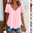 thumbnail image 1 of Odbmxy Womens Shirts Plus Size V-Neck Short Sleeve Summer Women Blouses Solid Color Pink Holiday Ruffles Loose Fancy Leisure Tops, 1 of 10