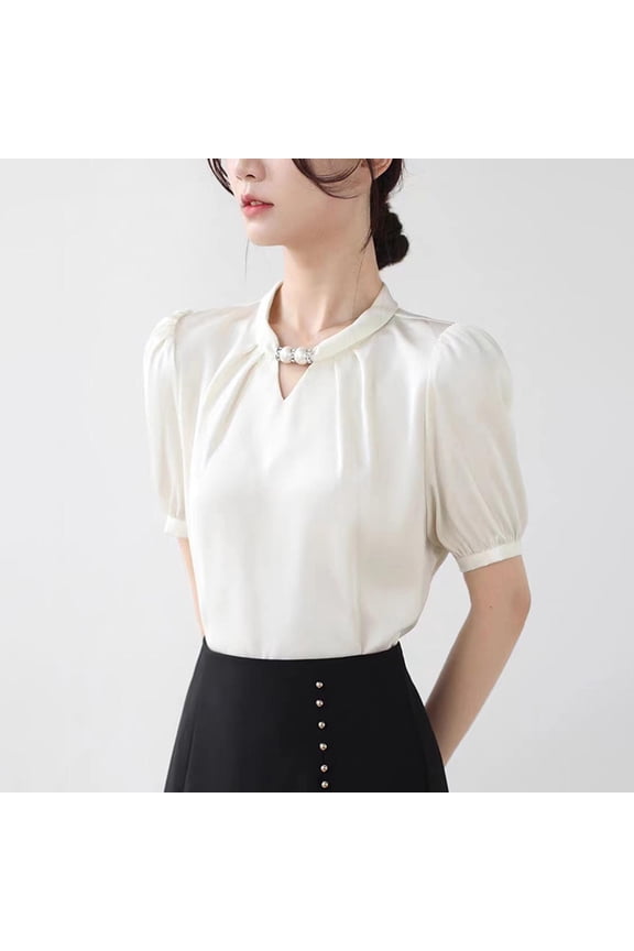 Womens Shirts Summer Short Sleeve Turtleneck Women Blouses Fancy Office Dressy Solid White Halter Slim Tops