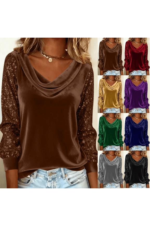 Womens Sparkly Top Long Sleeve Sequin Womens Top Pullover V-Neck Party Casual Loose Tops